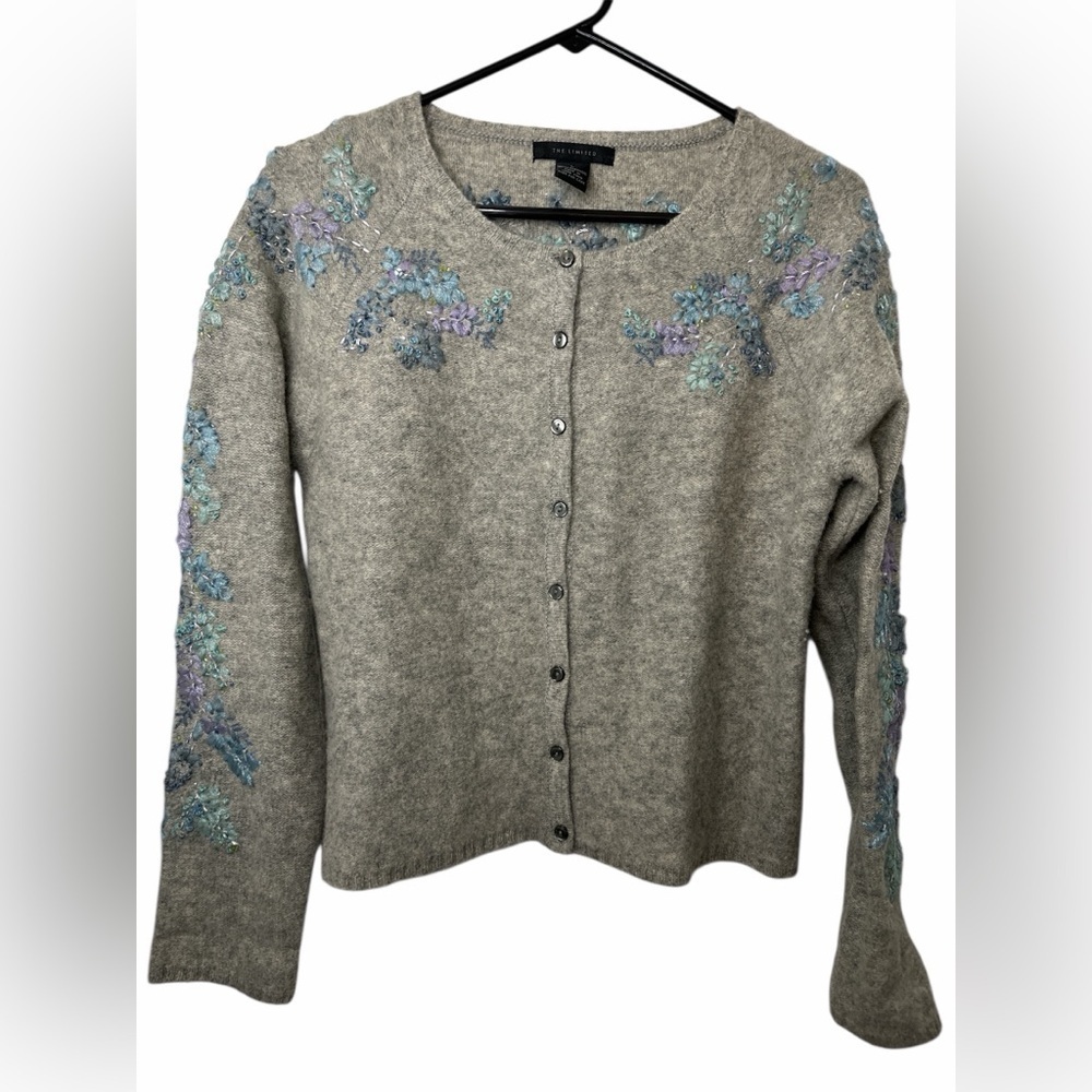 The Limited Gray Cardigan with Blue and Purple Embroidery Lambswool NWOT